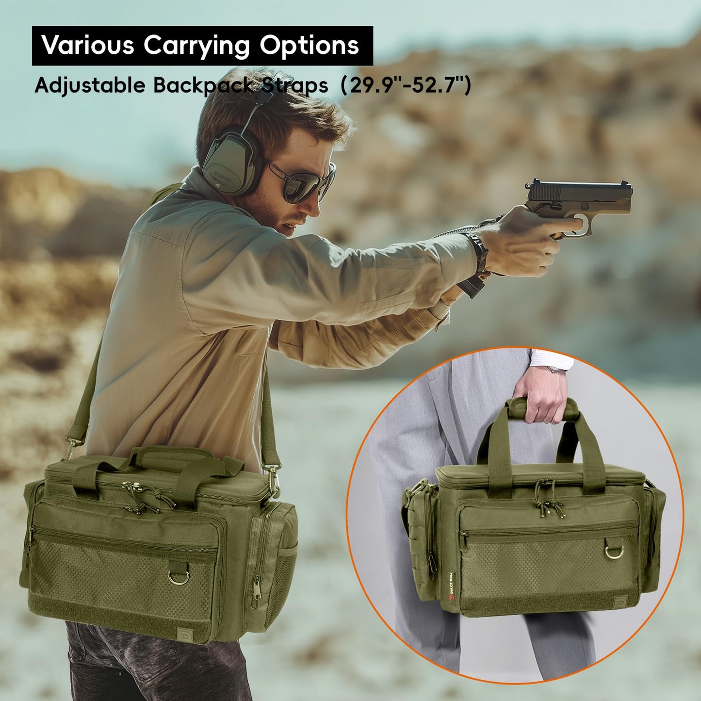 DULCE DOM Tactical Gun Range Bag for Handguns & Pistols - Lockable Compartment, Ammo Storage, Magazine Slots, Durable Range Essentials Bag (GREEN)