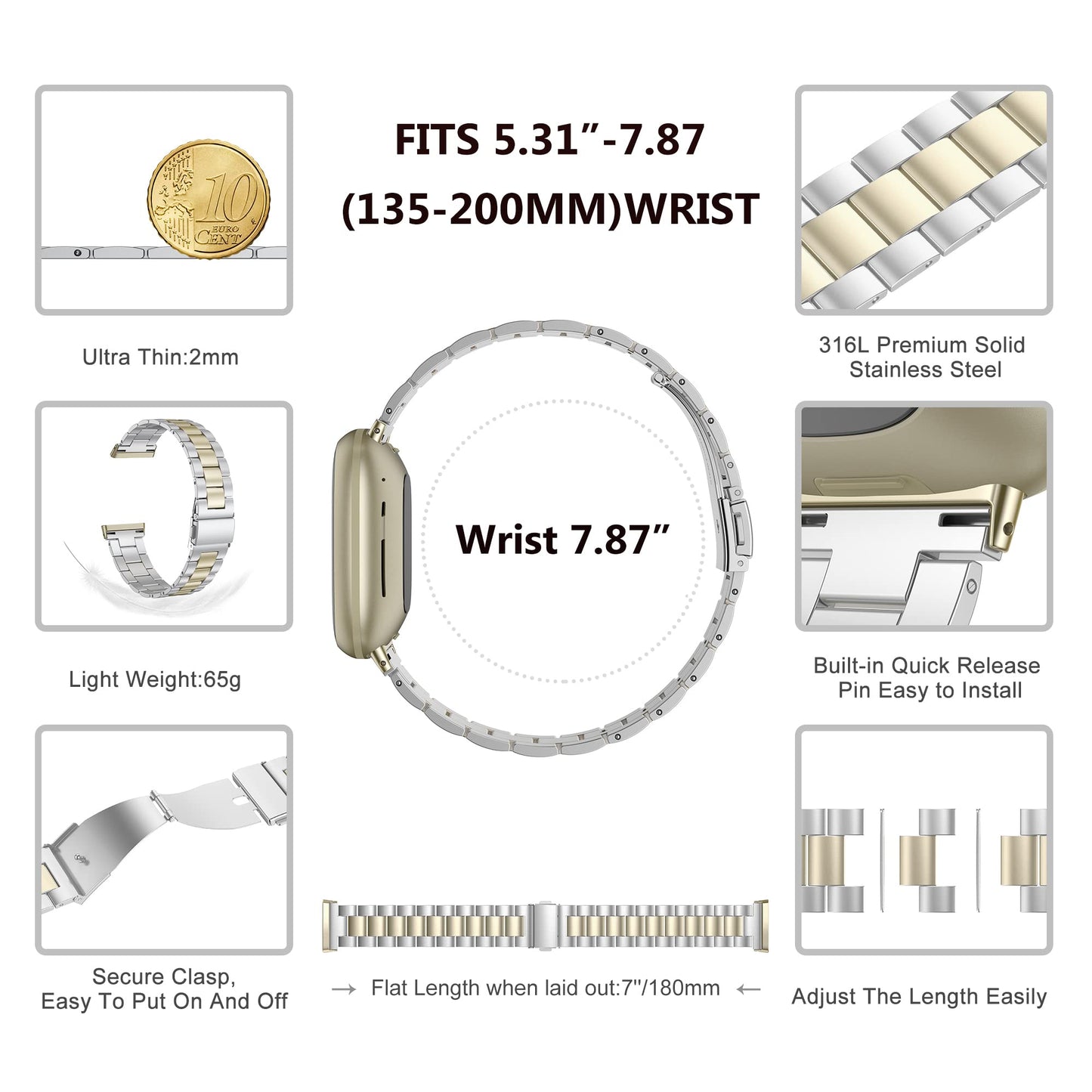 Wearlizer Compatible with Fitbit Versa 4/3 Bands/Fitbit Sense Bands for Women Men, Stainless Steel Ultra-Thin Lightweight Metal Replacement Strap for Versa 4/Sense (Soft Gold+Silver)