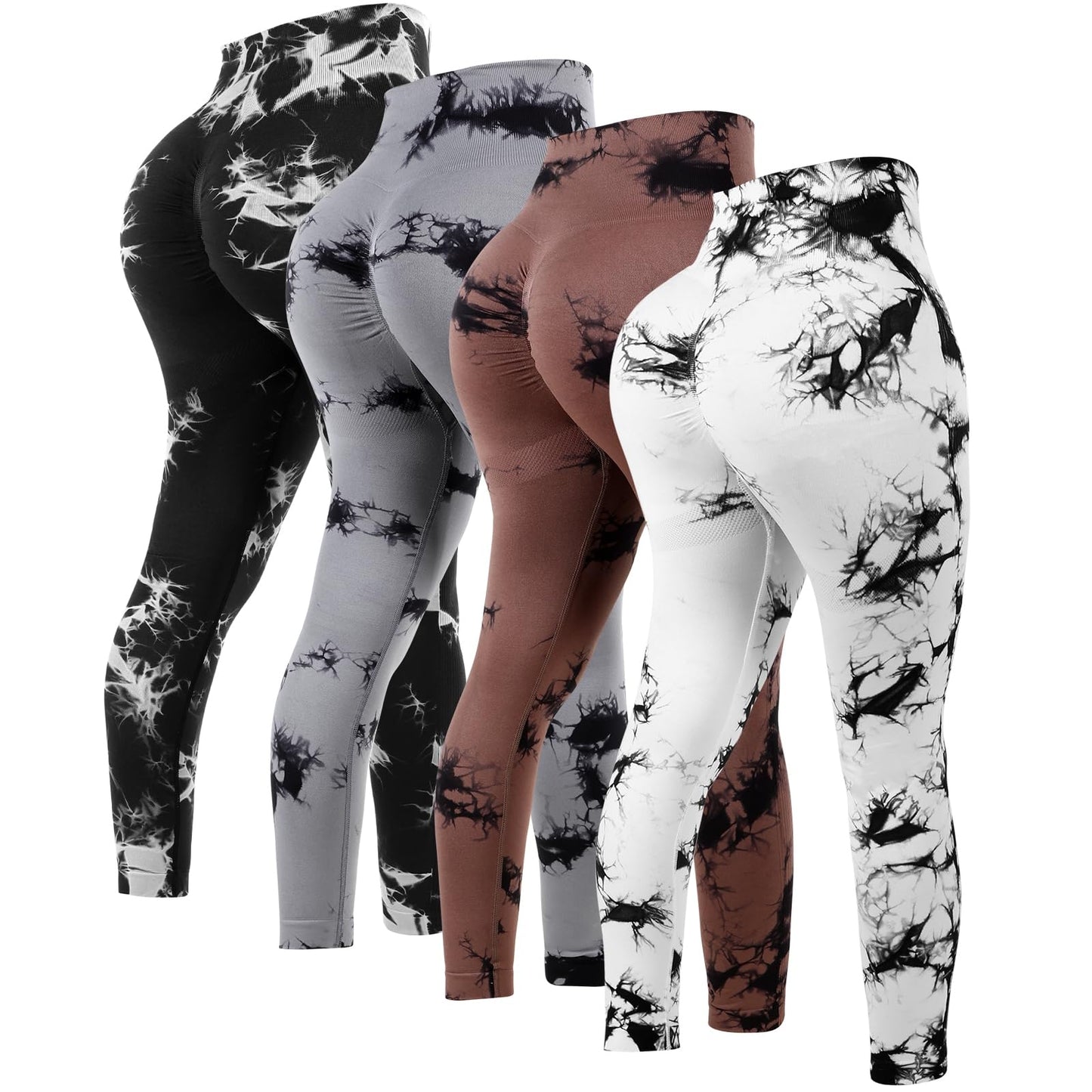 Mumucove 4 Pcs Womens Workout Leggings Tie Dye High Waisted Yoga Pants Seamless Scrunch Butt Lifting Compression Tights (Brown, Gray, Black, White,Large)