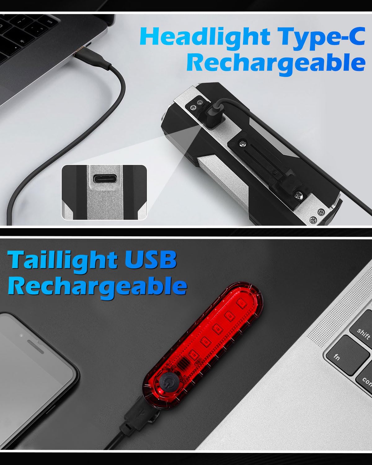 Voph Bike Lights, 6+4 Modes Rechargeable Type-C Bike Light for Night Riding, Anti-Dazzle High Lumen LED Bike Lights Front and Rear, Bicycle Light Set Front and Back for Kids, Cycling, Biking, Road