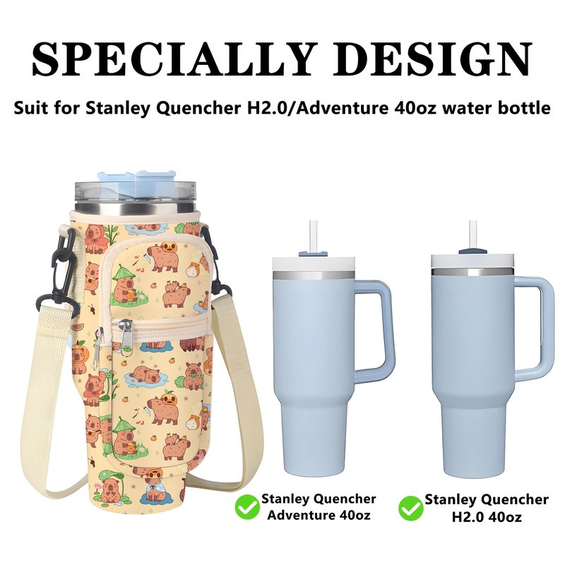 Denlei Capybara Print Stanley Cup Bag, Cup Holder for Stanley 40oz Tumbler with Handle, Stanley Carrier Bag with 4Pcs Capybara Straw Toppers for Stanley Cup Accessories