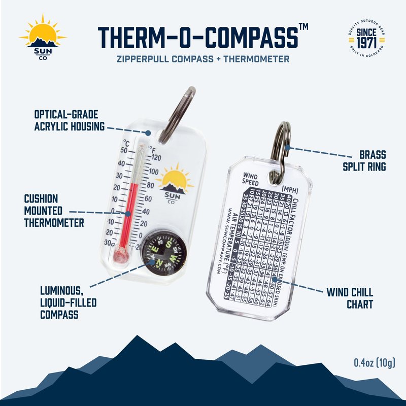 Sun Company Therm-o-Compass | Multi-Functional Zipper Pull Compass & Thermometer with Wind Chill Chart | Ideal for Camping, Hiking, and Outdoor Navigation