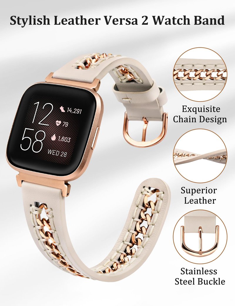 Minyee Leather Band Compatible with Fitbit Versa 2/Fitbit Versa/Versa Lite Bands Women, Dressy Premium Leather Designer Strap with Stainless Steel Metal Chain for Versa 2 Watch, Starlight/Rose Gold