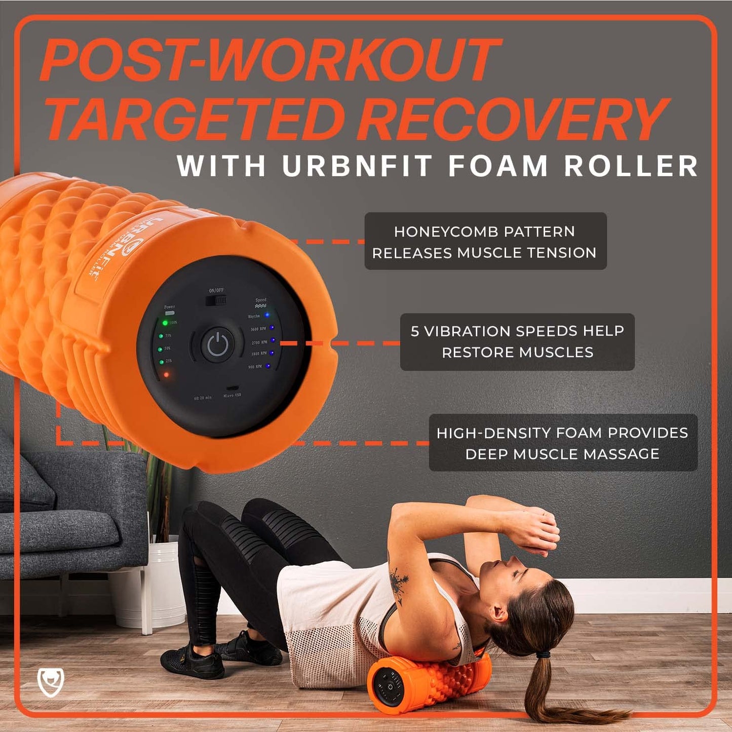 URBNFit Vibrating Foam Roller - Electric Muscle & Back Roller w/ 5 Speeds for Physical Therapy Exercise, Deep Tissue Massage, Post Workout Recovery and Trigger Point Release﻿