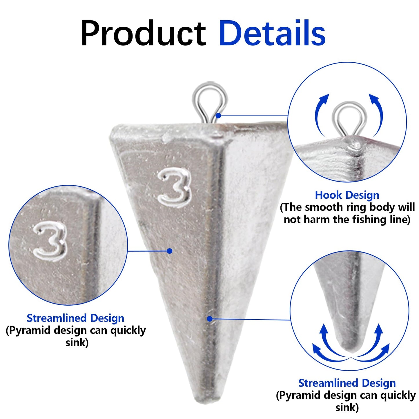 Polsefver Pyramid Fishing Weights Sinkers Kits Triangle Ocean Saltwater Surf Fishing Gear Tackle Bullet Fishing Weights Sinker(3oz-8pcs)