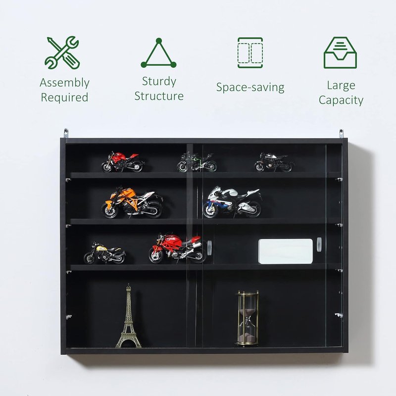 5-Tier Display Cabinet - Glass Door Design with Adjustable Shelves | Wall-Mounted for Playroom or Bedroom - Black