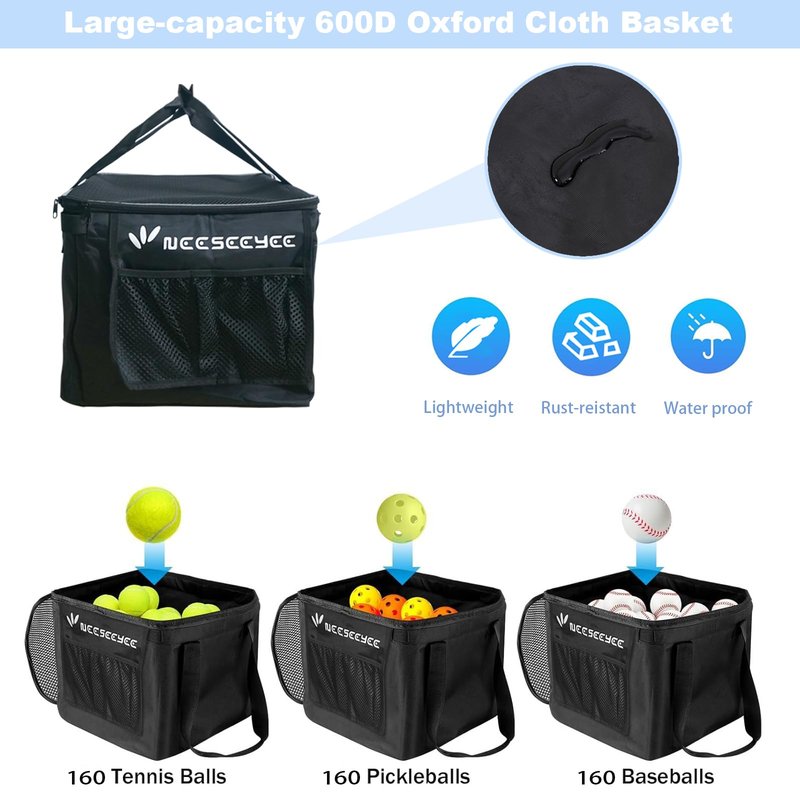 NEESEEYEE Portable Tennis Ball Hopper Tennis Ball Basket with Wheels Basket Hold Up to 160 Racquetball, Pickleball, Baseball, Badminton