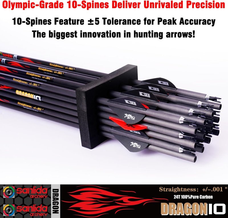 100% Pure Carbon Hunting Arrows - Olympic-Grade 10 Spine Deflection | Straightness 0.001"/0.003"/0.006" | Ideal for Compound & Recurve Bows (12/24PCS)