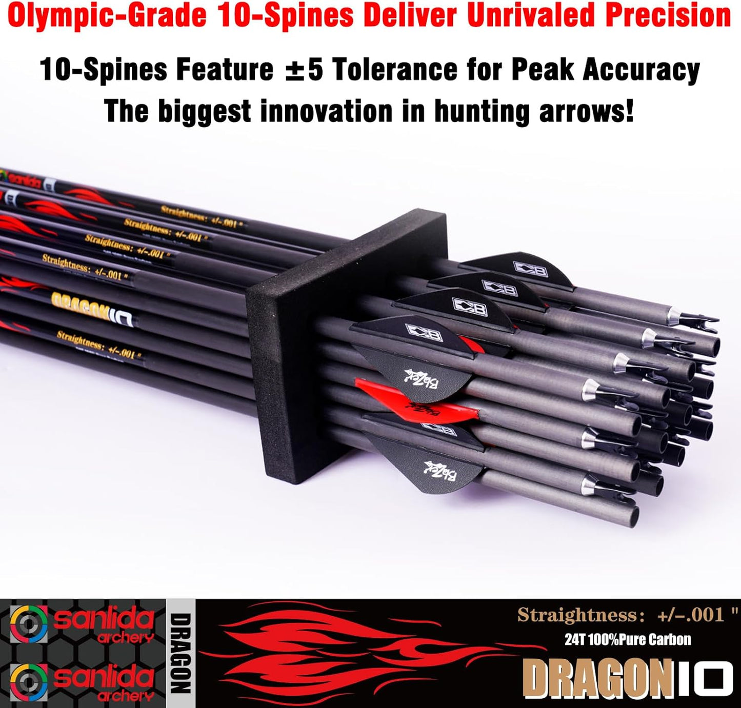 100% Pure Carbon Hunting Arrows - Olympic-Grade 10 Spine Deflection | 0.001"/0.003"/0.006" Straightness, Ideal for Compound & Recurve Bows (12/24PCS)