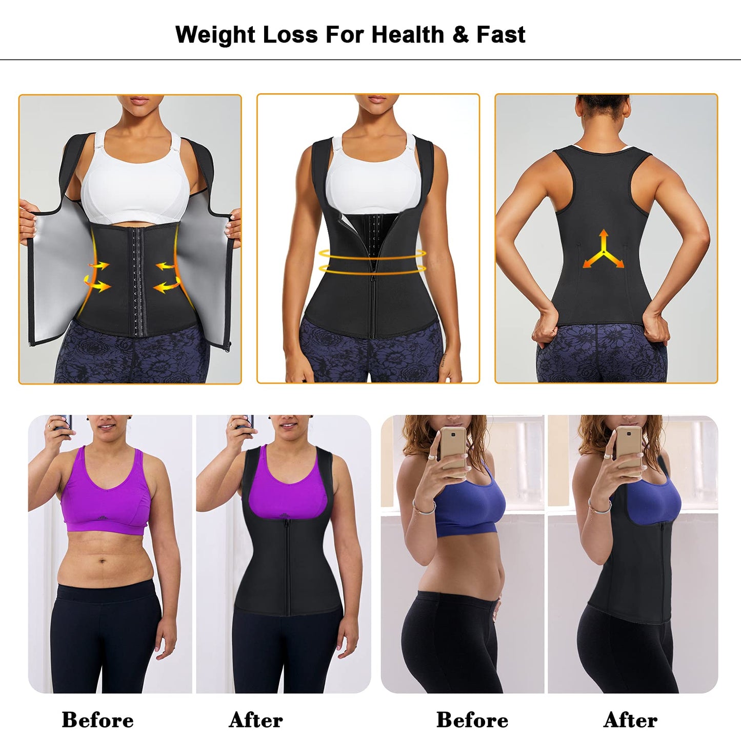 LANCS Women Waist Trainer Vest Sauna Suit Zipper Cincher Body Shaper Corset Sweat Vest Slimming Workout Tank Tops (Black, XX-Large)