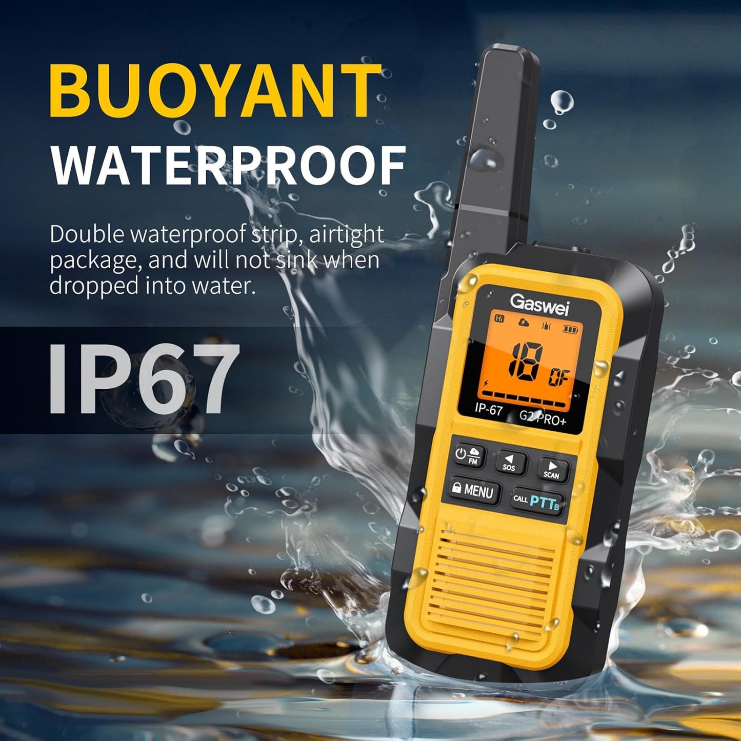G2pro+ Waterproof Walkie Talkies - Long Range Heavy Duty Two-Way Radios | Rechargeable, FM Radio, SOS, NOAA Weather (2 Pack - Yellow)