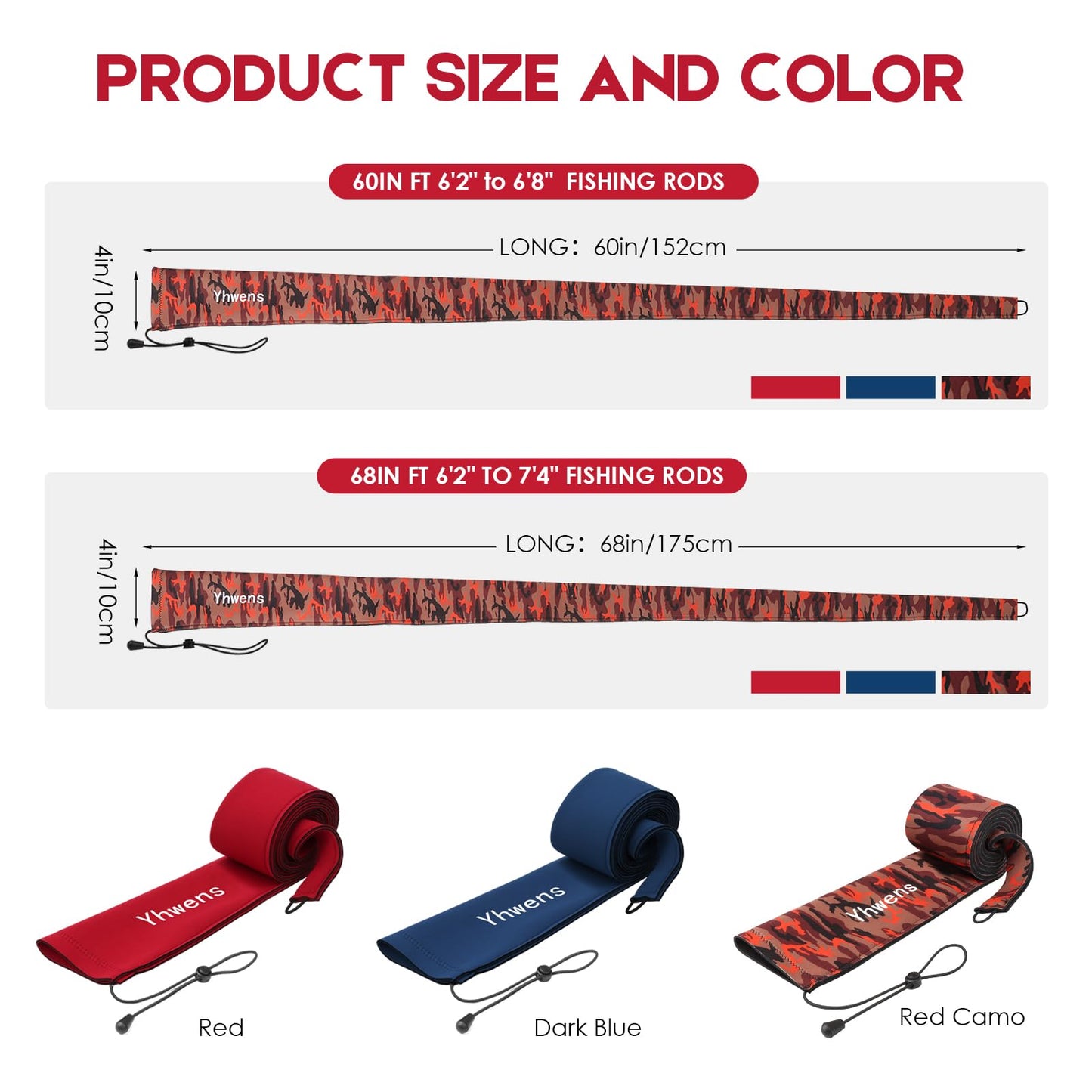 Yhwens Neoprene Fishing Rod Sleeve Rod Socks for Fishing Poles Sleeve Rod Cover Rod Protector for Casting Spinning Trolling Fishing Rod Storage Durable(68” Red Camo 2Packs)