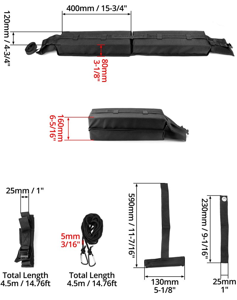 QWORK Universal Soft Roof Rack Pads with 16ft Waterproof Tie-Down Straps, Car Roof Top Carrier System for Kayak Surfboard Canoe SUP Snowboard, No Roof Rails Needed, Storage Bag