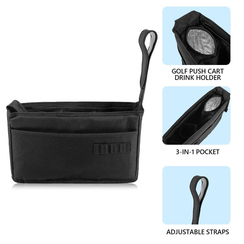 Golf Organizer - Push Cart Accessory with Storage Bag, No-Drilling Pouch, Adjustable Drink Holder - Gift for Men