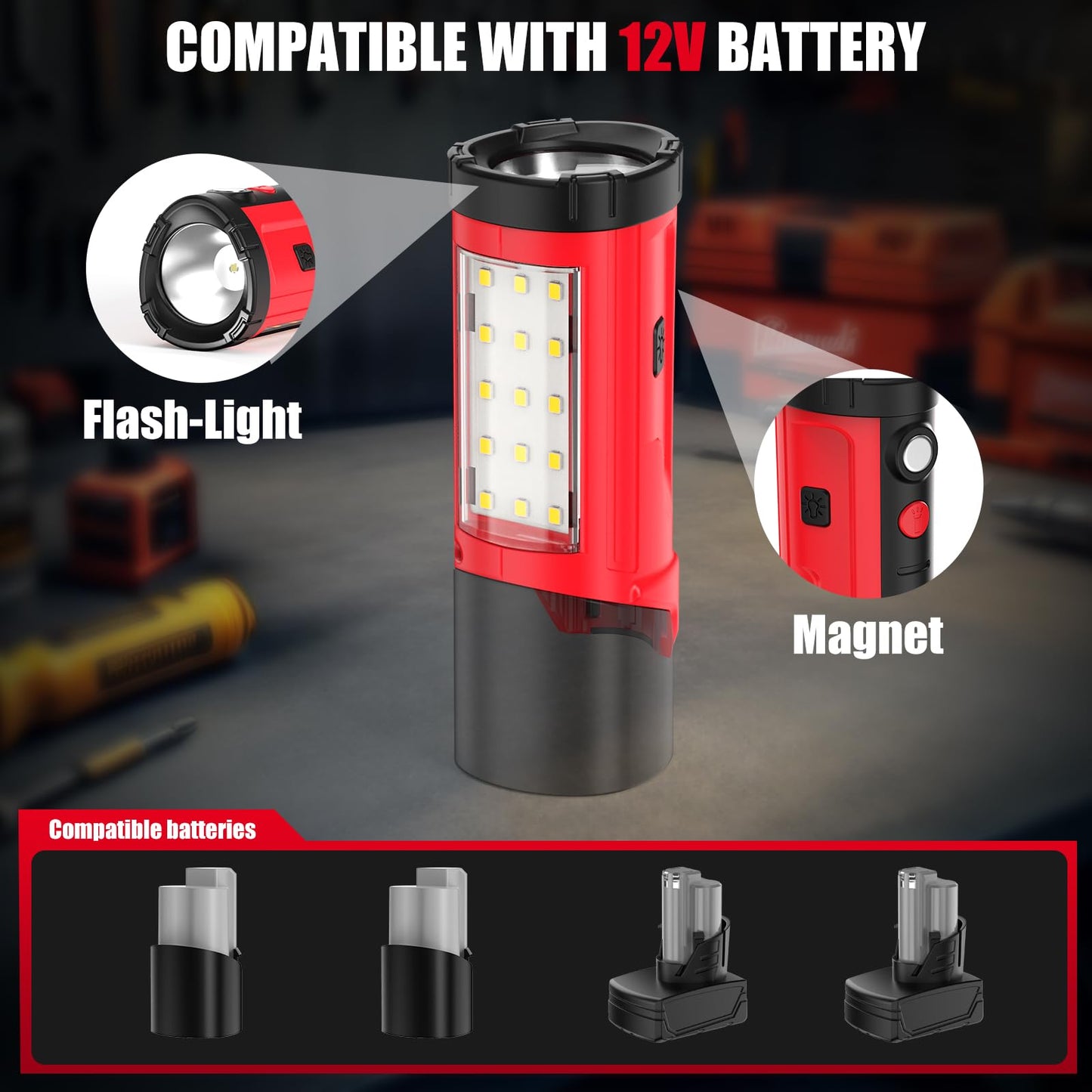 ohyes Magnetic Work Light Fit for Milwaukee 12V Battery Max 650LM 2 in 1 Flash Light for Camping Jobsite & Workshop(Battery not Included)