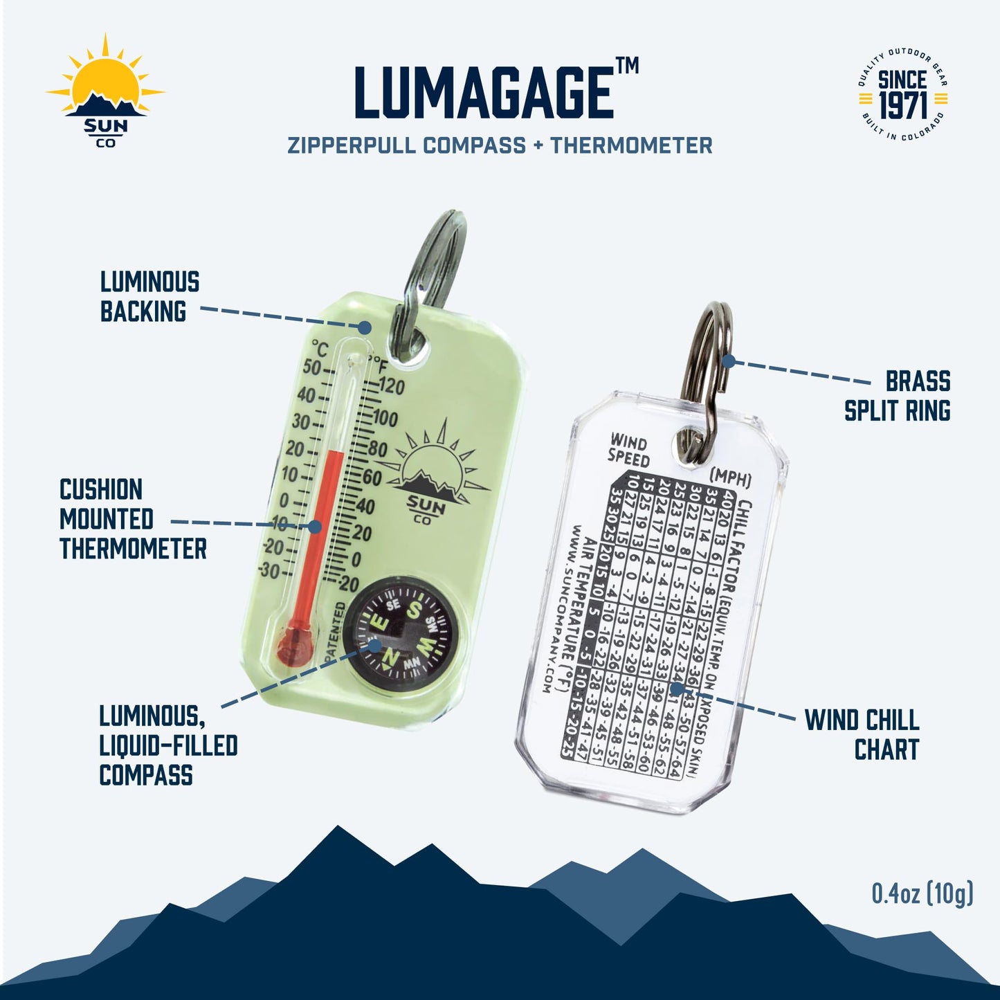 Sun Company LumaGage | Multi-Functional Glow-in-The-Dark Zipper Pull Compass & Thermometer with Wind Chill Chart | Ideal for Camping, Hiking, and Outdoor Navigation