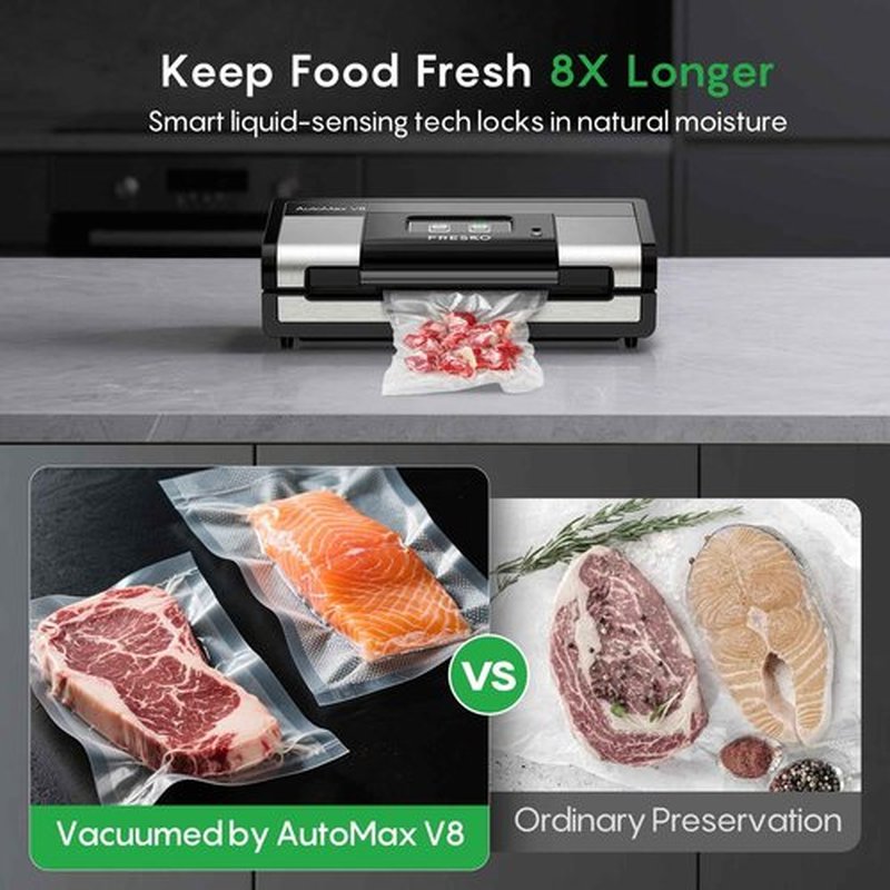 Fully Automatic Vacuum Sealer, 95Kpa Powerful Food Vacuum Sealer Machine, Auto Dry-Wet Detection | Bag Cutter | 2 Rolls Bags | Effortless Operation, Silver - Black
