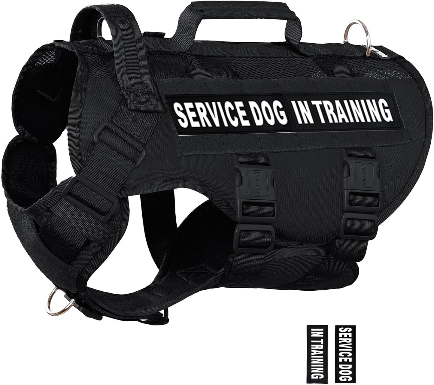 Service Dog Vest - Black Tactical Harness with Military MOLLE, Breathable Mesh & Durable Metal Buckle | Size L for Training & Hiking