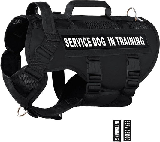 Service Dog Vest - Black Tactical Harness with Military MOLLE, Breathable Mesh & Durable Metal Buckle | Size L for Training & Hiking