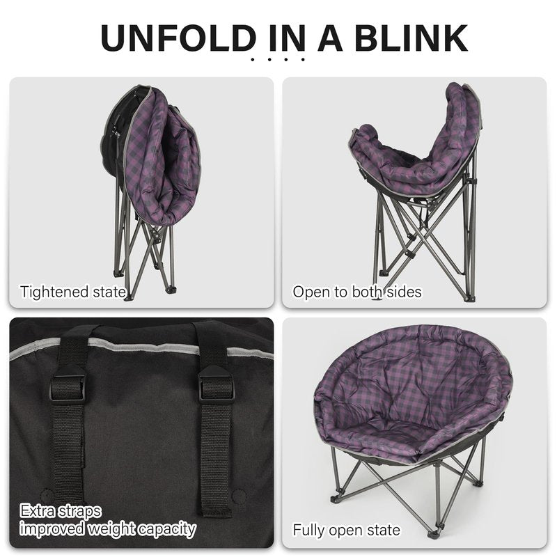 Oversized XXL Folding Round Camping Chairs,Comfy Padded Moon Camp Chairs,Heavy Duty Supports 400 Lbs Outdoor Lawn Chairs for Adults,Perfect for Indoor,Family Hiking,Picnics and Garden,Purple Plaid