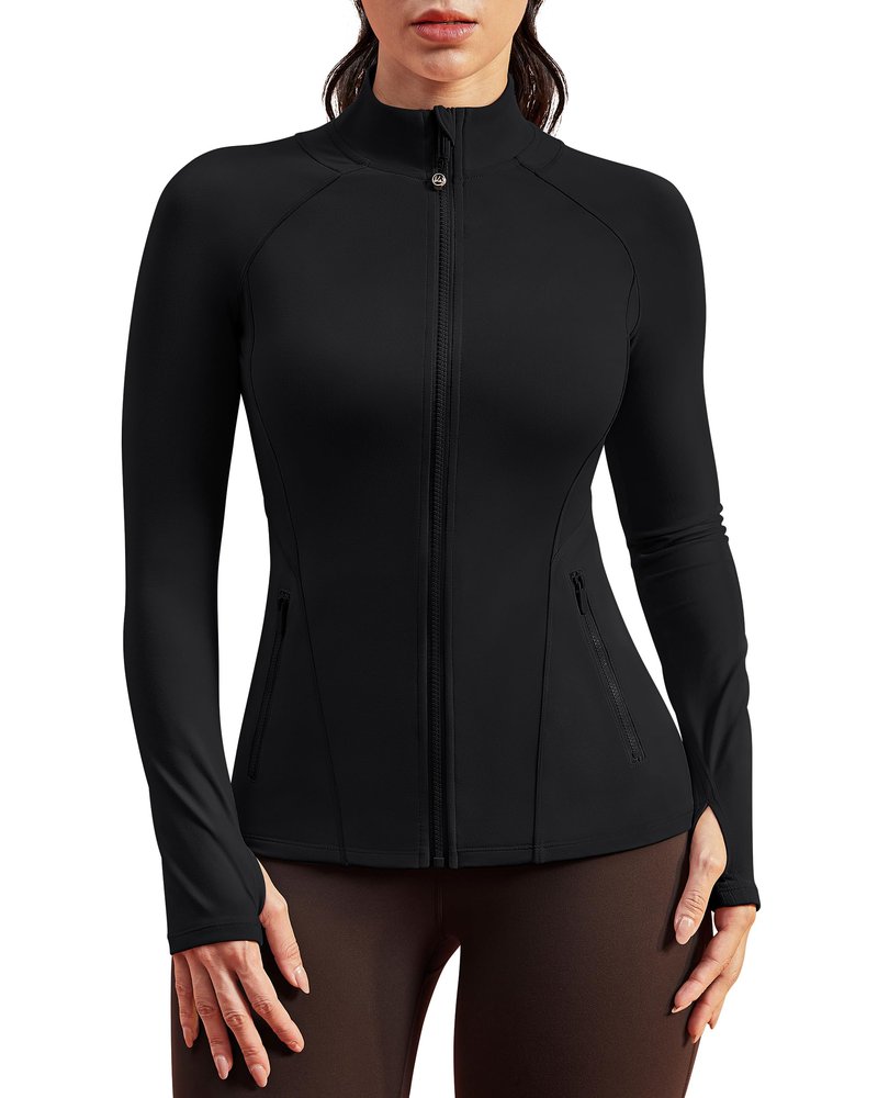 QUEENIEKE Workout Jackets for Woman Zip Up Long Sleeve Slim Fit Athletic Gym Tops Running Jacket with Thumb Holes (Black, Medium)