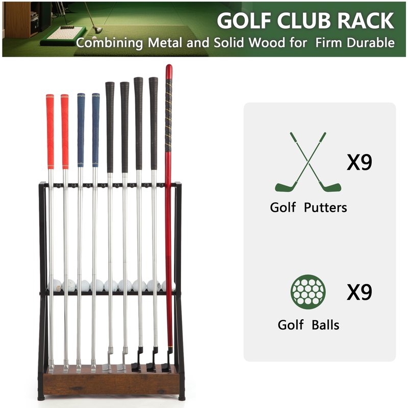 Xnwouco Golf Club Holder for 9 Clubs & 9 Balls, Solid Wood & Iron Golf Organizer, Golf Putter Holder Floor Stand, Golf Club Stand Suitable for Golf Simulators｜Golf Course Accessories