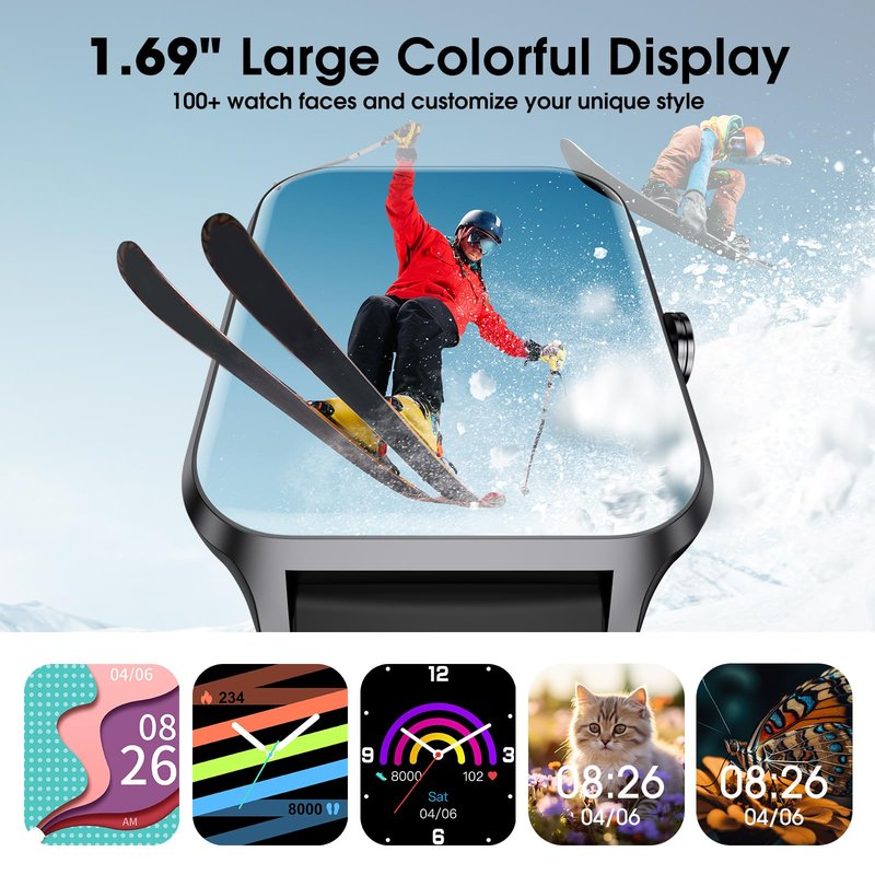 Smart Watch(Answer/Make Call), 1.69" Fitness Tracker with Heart Rate Blood Oxygen Monitor, Sleep Monitor Health Tracker, 100+ Sports Modes, Step Counter, IP68 Waterproof Fitness Watch for Android iOS