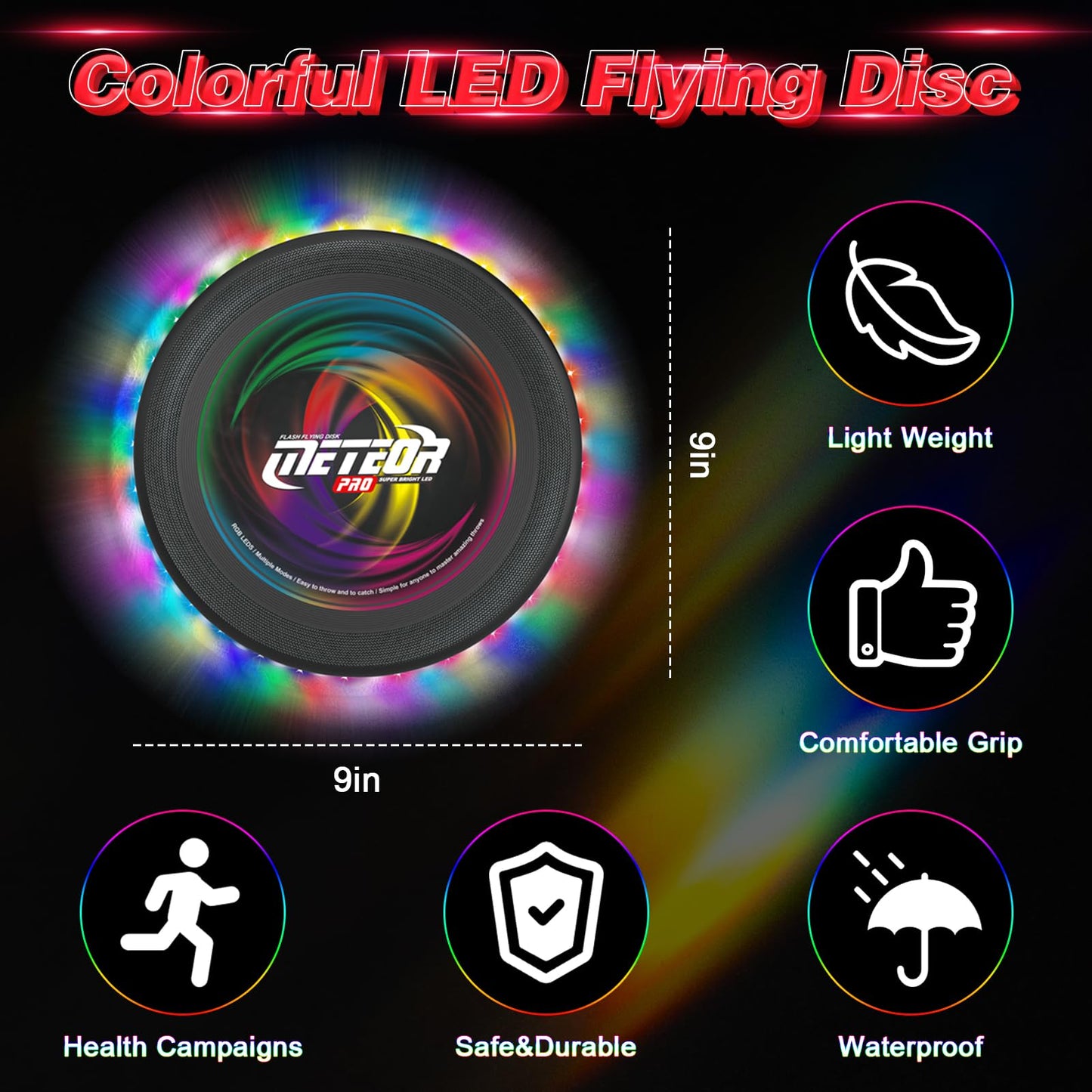 Light up Flying Disc-16 Millions Colors, 48 LEDs & 13 Light Modes, LED Flying Disc for Adults, Kids & Teens, Glow in the Dark Flying Ring, Party Toy Christmas Birthday Gift, Age 6+ (black, 9in)