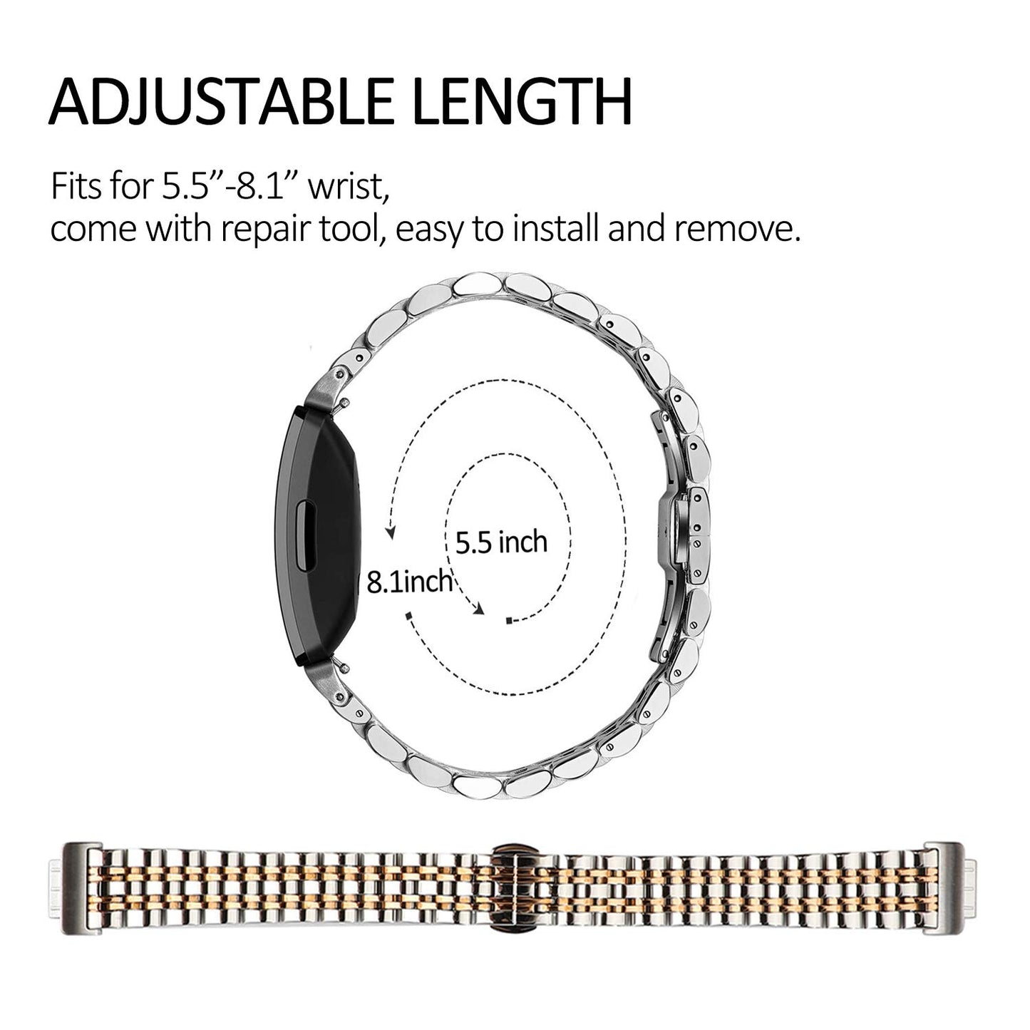 Chofit Metal Bracelet Compatible with Fitbit Inspire/Inspire HR/Inspire 2 Bands, Stainless Steel Replacement Strap Wristband Accessories for Inspire Tracker for Women (Silver-Gold)