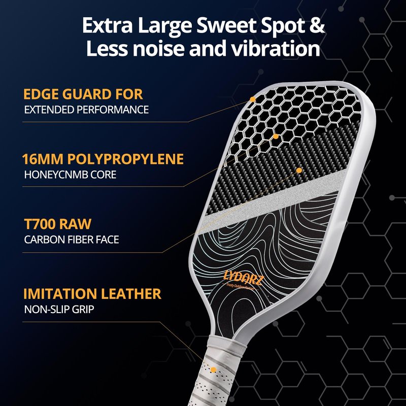 LYDARZ Pickleball Paddles T700 Raw Carbon Fiber Pickleball Paddle with 16mm Power Polymer Core Power and Spin Surface Lightweight Pickle Ball Paddle Designed for Ultimate Spin & Consistency(Wave)