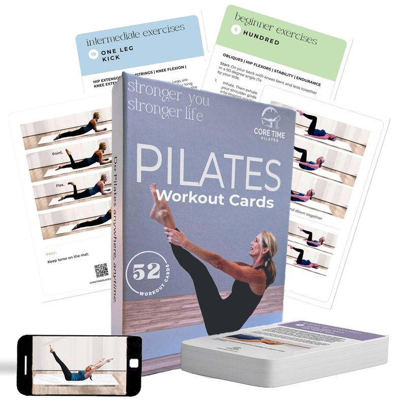 52 Premium Pilates Cards - 40 Pilates exercises- Led by Stott Pilates Certified Instructor- Detailed photos- Video Instructions - Do Pilates at Home- No equipment needed.