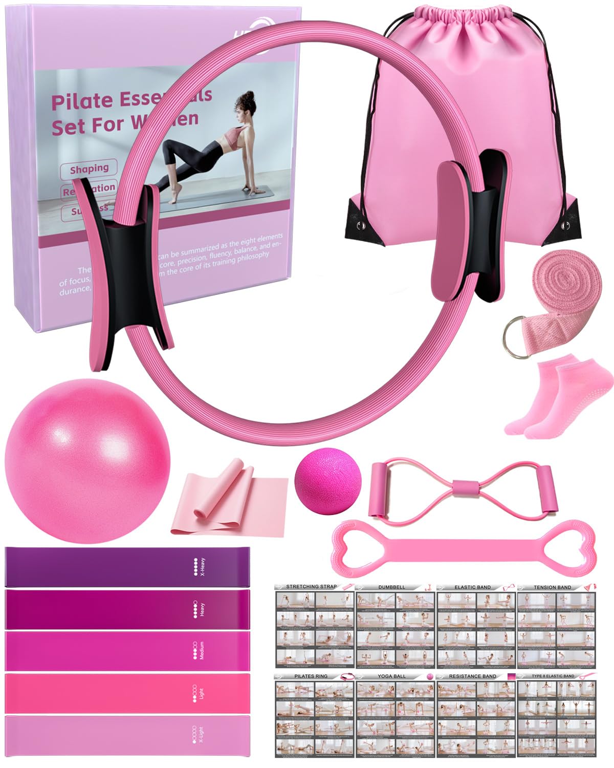 KABCON Pilates Kit for Home, Women Beginners Workout Essentials Set with 13" Ring, 9.8" Ball, Resistance Bands & Guide, 13/14/16 PCS Compact Pilates Equipment