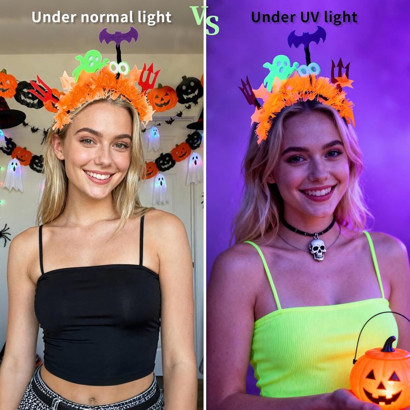 Glow in the Dark Halloween Headpieces - 6pcs Pumpkin, Bat, Ghost & Spider Party Accessories | Fun Photo Props