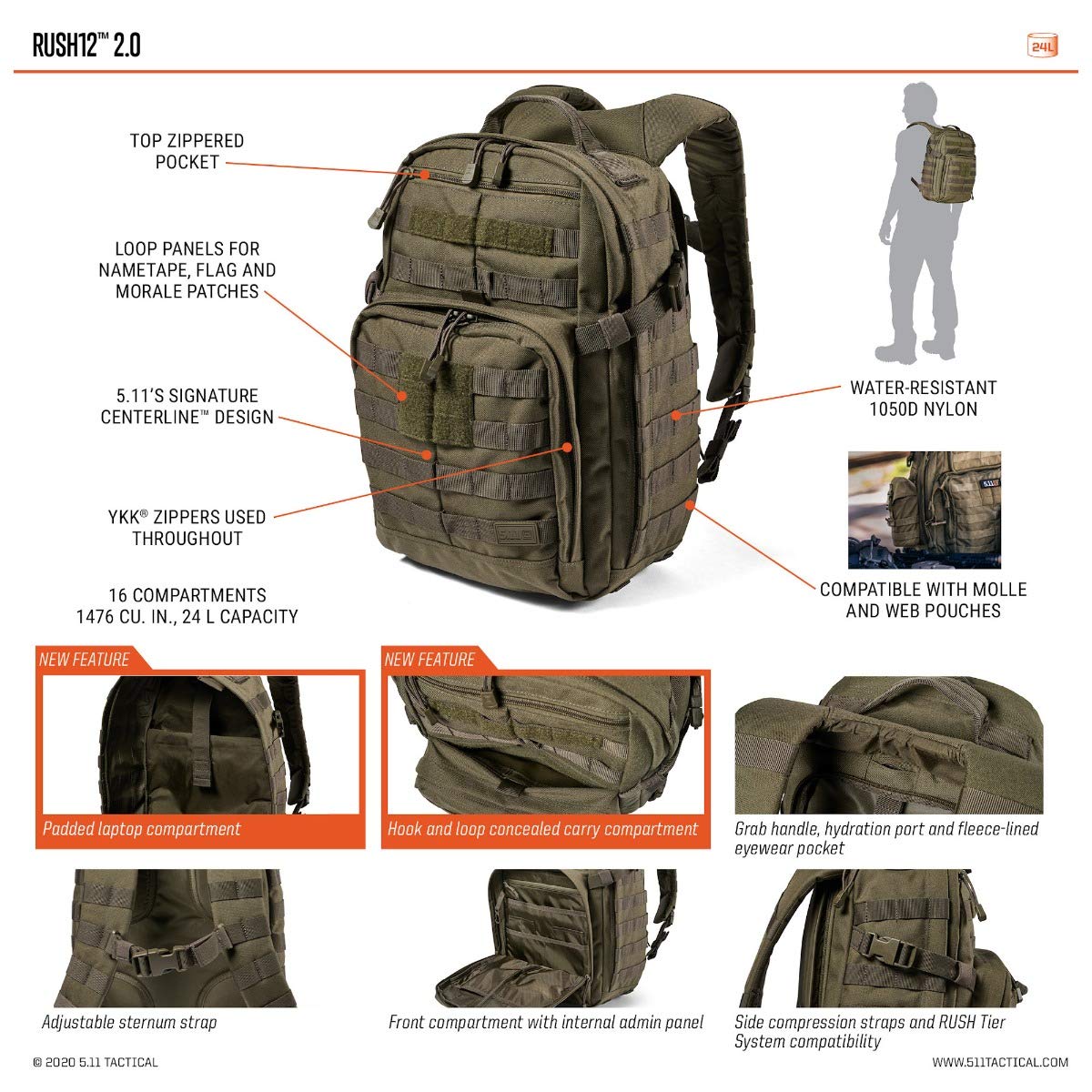 5.11 Tactical Backpack – Rush 12 2.0 – Military Molle Pack, CCW and Laptop Compartment, 24 Liter, Small, Style 56561, Kangaroo