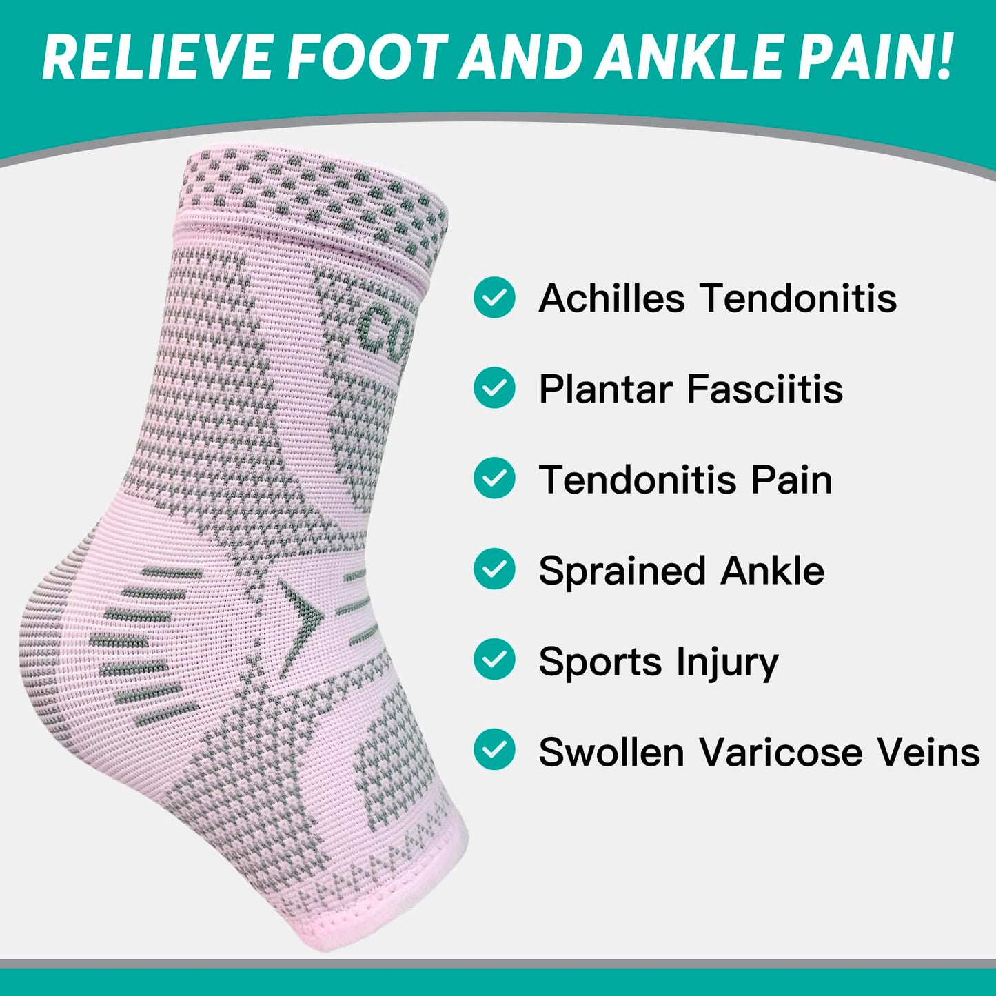 Copper Ankle Brace for Women & Men, Ankle Compression Sleeve Support, Copper Infused Ankle Sleeve for Sprained Ankle, Plantar Fasciitis Sports, Achilles Tendonitis Pain Relief, Pink Silver, M