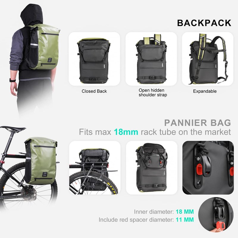Kinpit Bike Pannier Bag Multifunctional Bicycle Bag Cycling Bicycle Rear Seat Bag Backpack Bike Trunk Bag Saddle Bag Backseat Pack Bag with Helmet Cover (Dark Green)