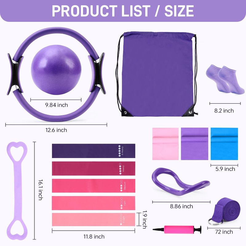 ARCUAT Pilates Essentials Kit for Home Workouts Women, Pilates Equipment Ring Set with Yoga Ball Resistance Band Stretching Band, Beginner Toning Fitness Pilates Starter Accessories Kit (Purple)