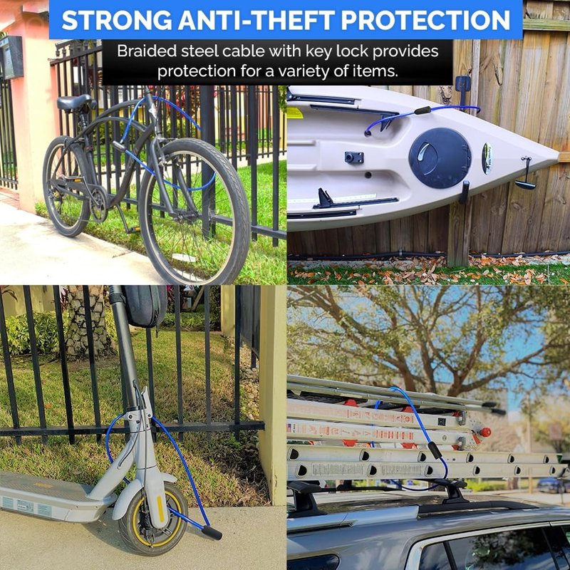 DocksLocks Weatherproof Security Cable Lock with Keys (5ft to 25ft Lengths) Anti-Theft for Kayak, Bike, Paddleboard, Scooter, Equipment, Bicycle 5ft