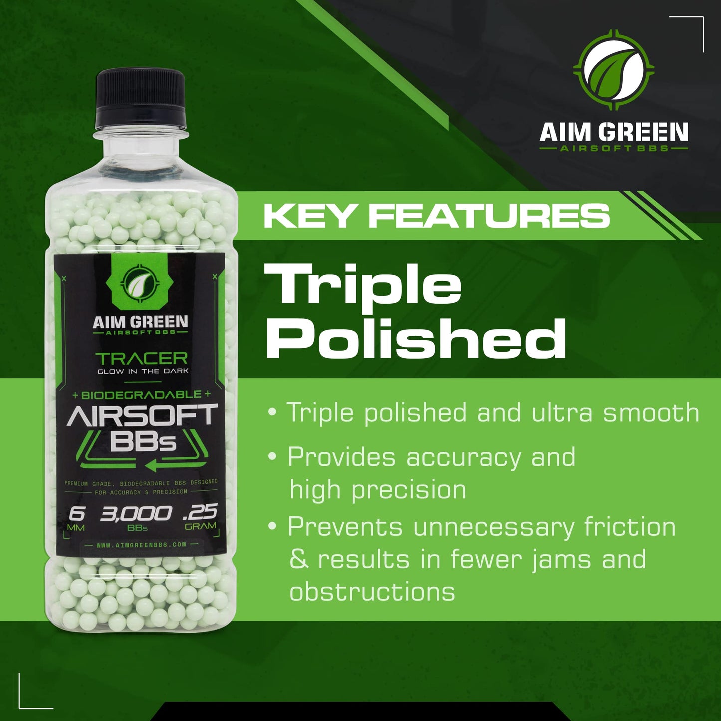 Aim Green Tracer Biodegradable Airsoft BBS, Glow-in-The-Dark BBS, 3,000 Count, .25 Grams