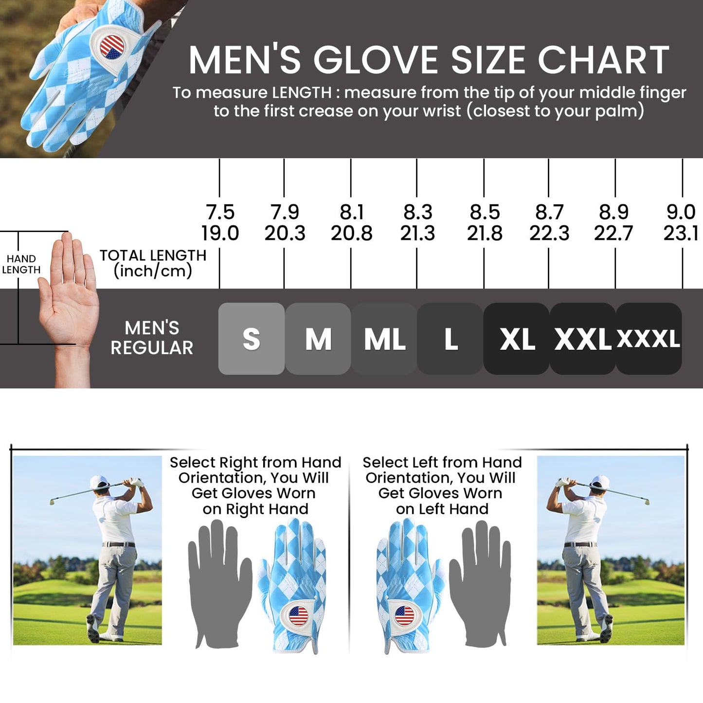 FINGER TEN Golf Gloves Men 1 Pack with Ball Marker for Left Hand Right, Stylish Patterns & Breathable Design for Comfortable All-Weather Grip, Golf Glove Sizes S M ML L XL (Blue Plaid, Large, Right)