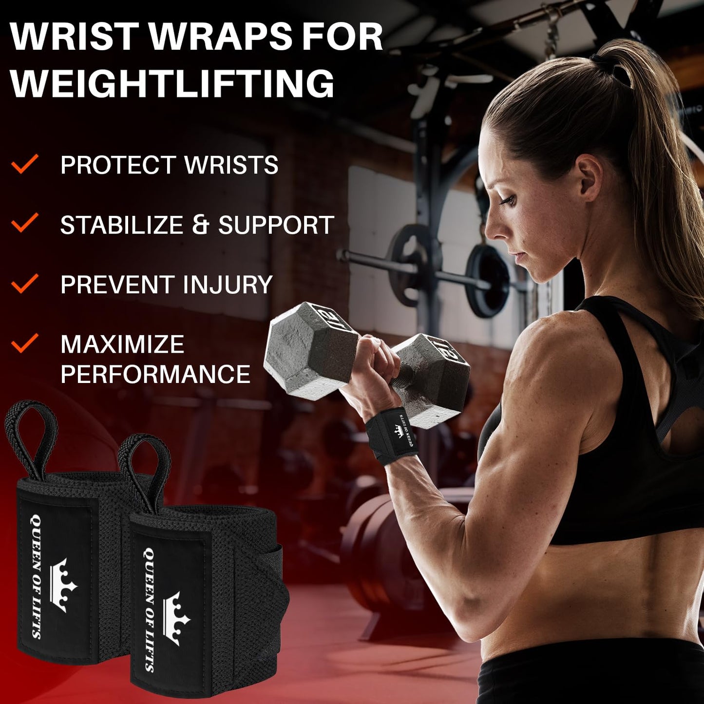 TECEUM Weightlifting Wrist Wraps with Thumb Loop – Black – Queen of Lifts – 12 inch – Heavy-Duty Workout Wrist Support & Protection – Ideal for Powerlifting, Strength Training, Bodybuilding