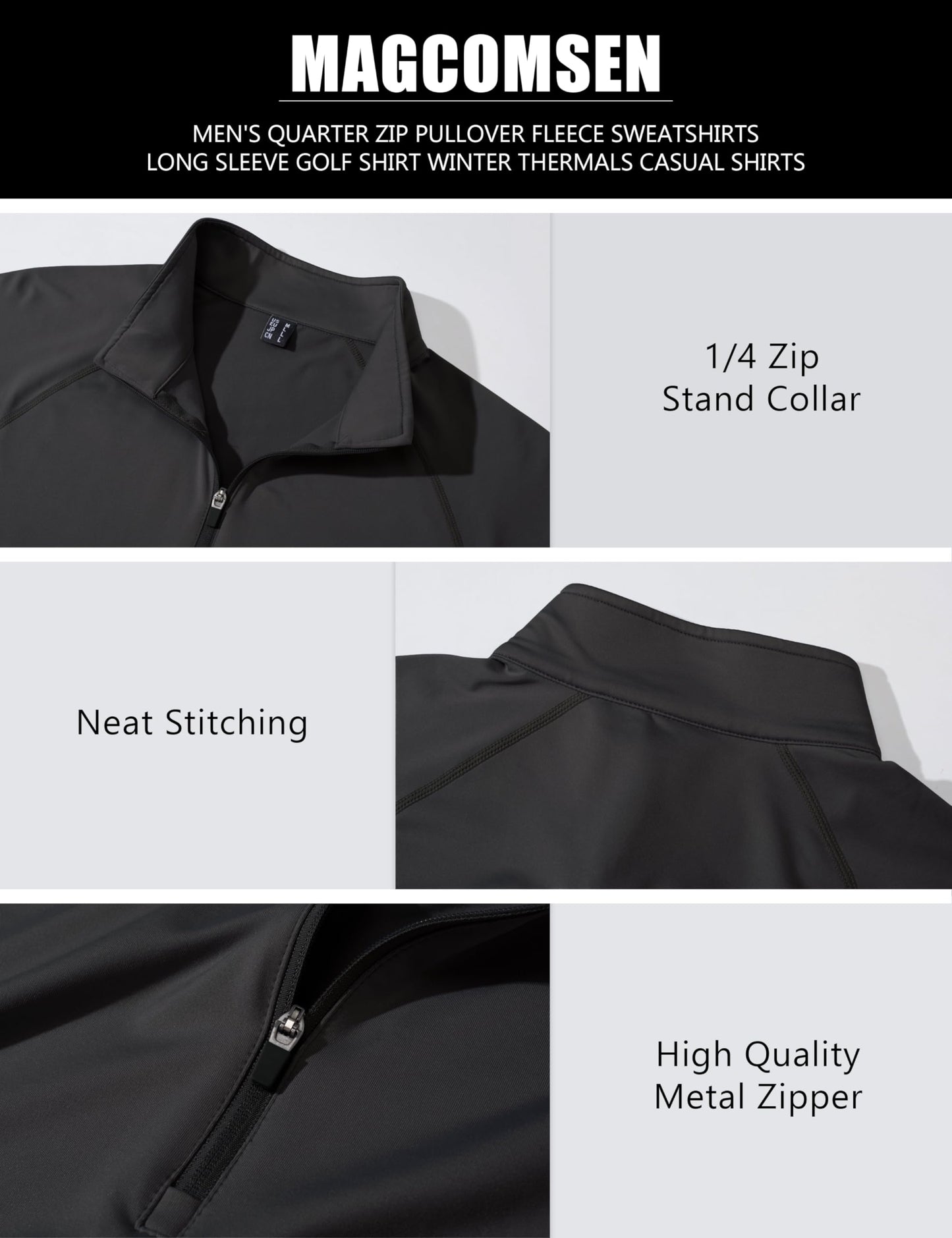 MAGCOMSEN Men's Quarter Zip Sweatshirt Thermal Lightweight Long Sleeve Fleece Lined Sweatshirts Golf Half Zip Pullover Black,L