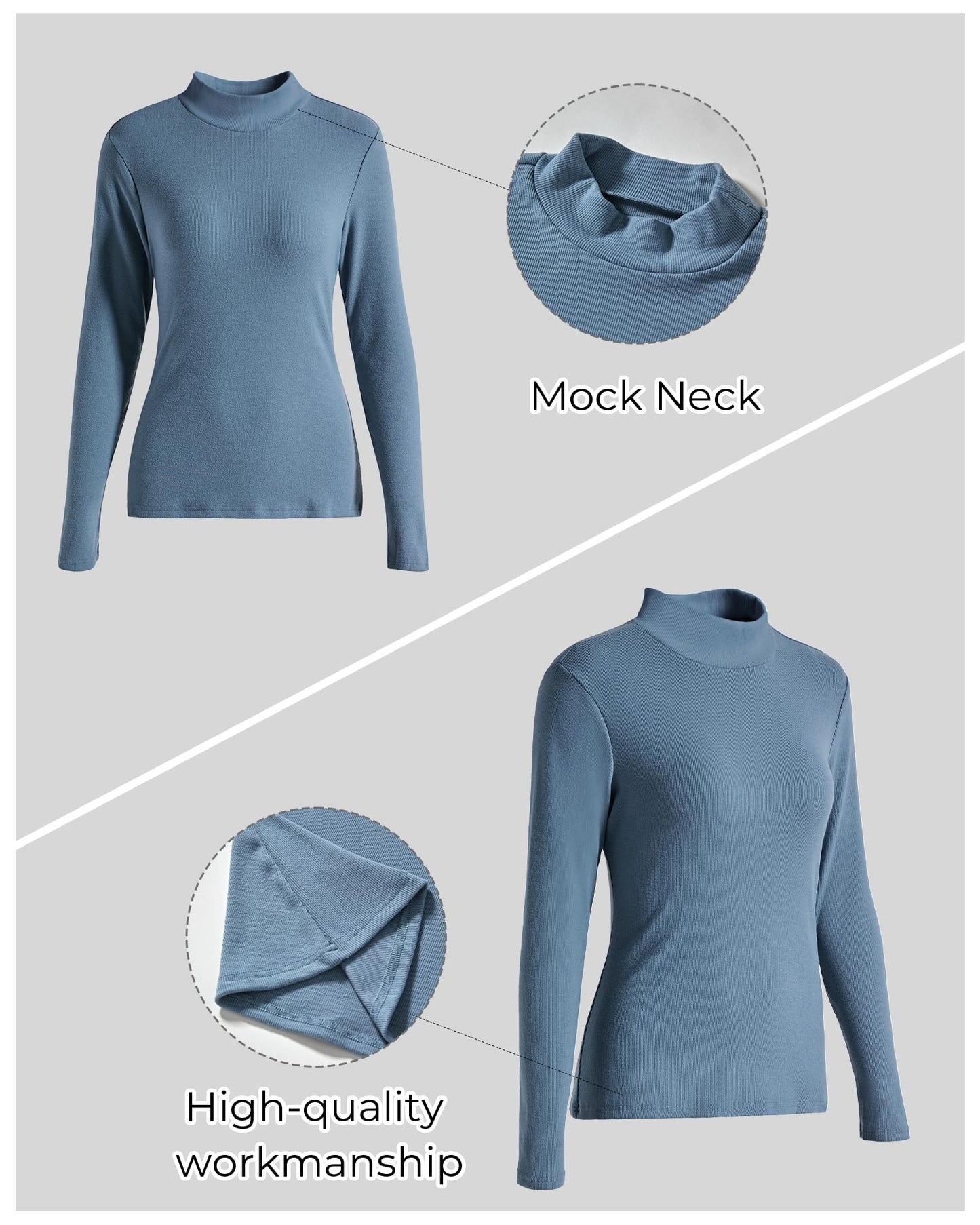 SAFEPATH Women's Mock Neck Long Sleeve T Shirts Basic Tees Tops Plain Fall Winter Undershirt 2024 Trendy Grey Blue L