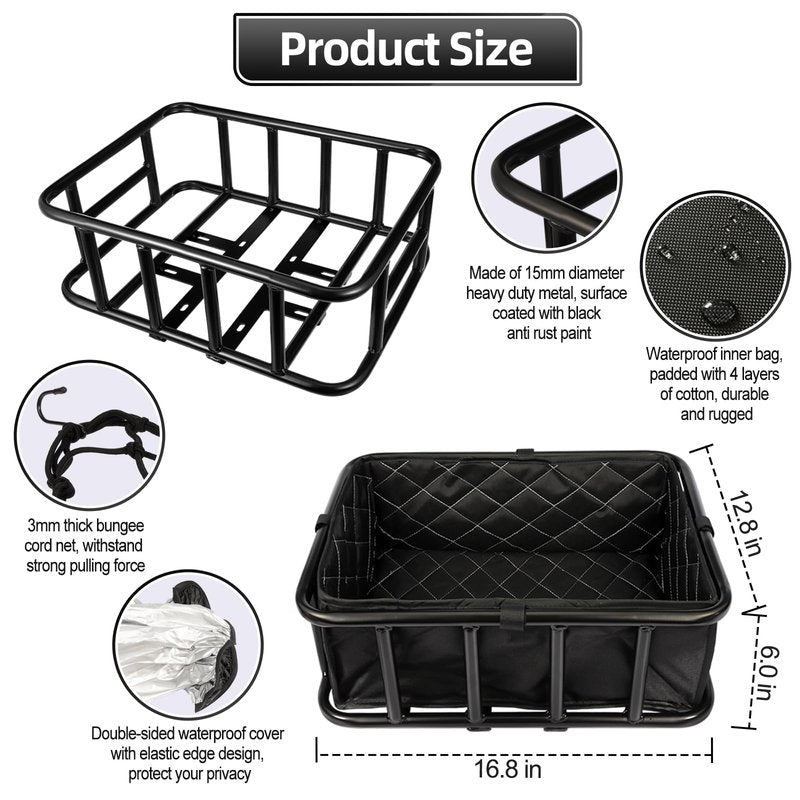 Bike Basket Rear, Bicycle Basket with Liner Bag, Waterproof Cover & Cargo Net, Heavy Duty Large Bike Basket for Most Bikes and E-Bike