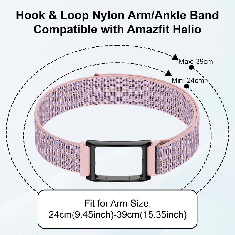 Vigamen Sport Band and Frame Compatible with Amazfit Helio Strap Fitness Tracker,Nylon Loop Replacement Bands with Case for Arm/Ankle Wearing,Adjustable Bicep Wristband for Women Men,Pink Sand
