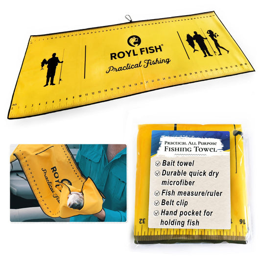 ROYL FISH Bait Towel & Fish Ruler. Fish Measuring Board Fishing Towel. Quick Dry Microfiber Towel with Clip.