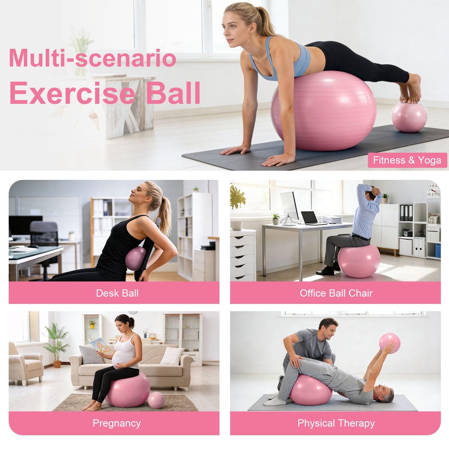 4Pcs Yoga Ball Set includes Large and 9in Pilates Balls, Massage & Spiky Ball for Fitness ,Anti-Burst Exercise Ball with Pumb for Pregnancy,Physical Therapy,Office Chair, Home Workout,3Sizes,Pink