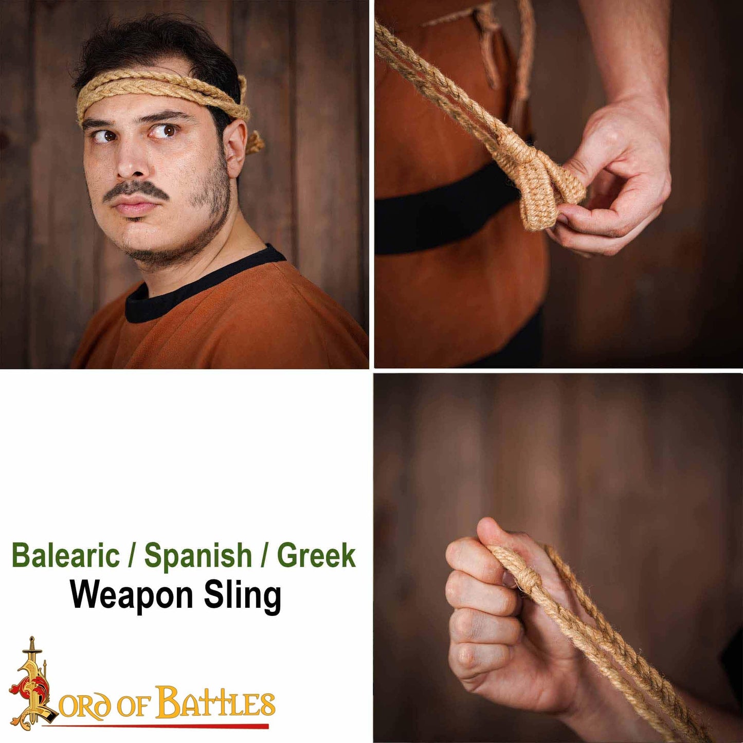 Lord of Battles Balearic Roman Greek Sling Handcrafted Braided Cords Throwing Slingshot for Historical Reenactments (Jute Sling)