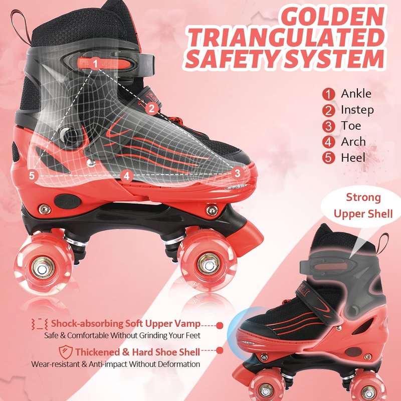 LEJIJIT Roller Skates for Kids Boys Girls Toddler Ages 3-12, Adjustable 4 Sizes for Kids and Youth Teen with Light Up Wheels, Quad Red Roller Skates for Sports (Big Kid 1Y-4Y)