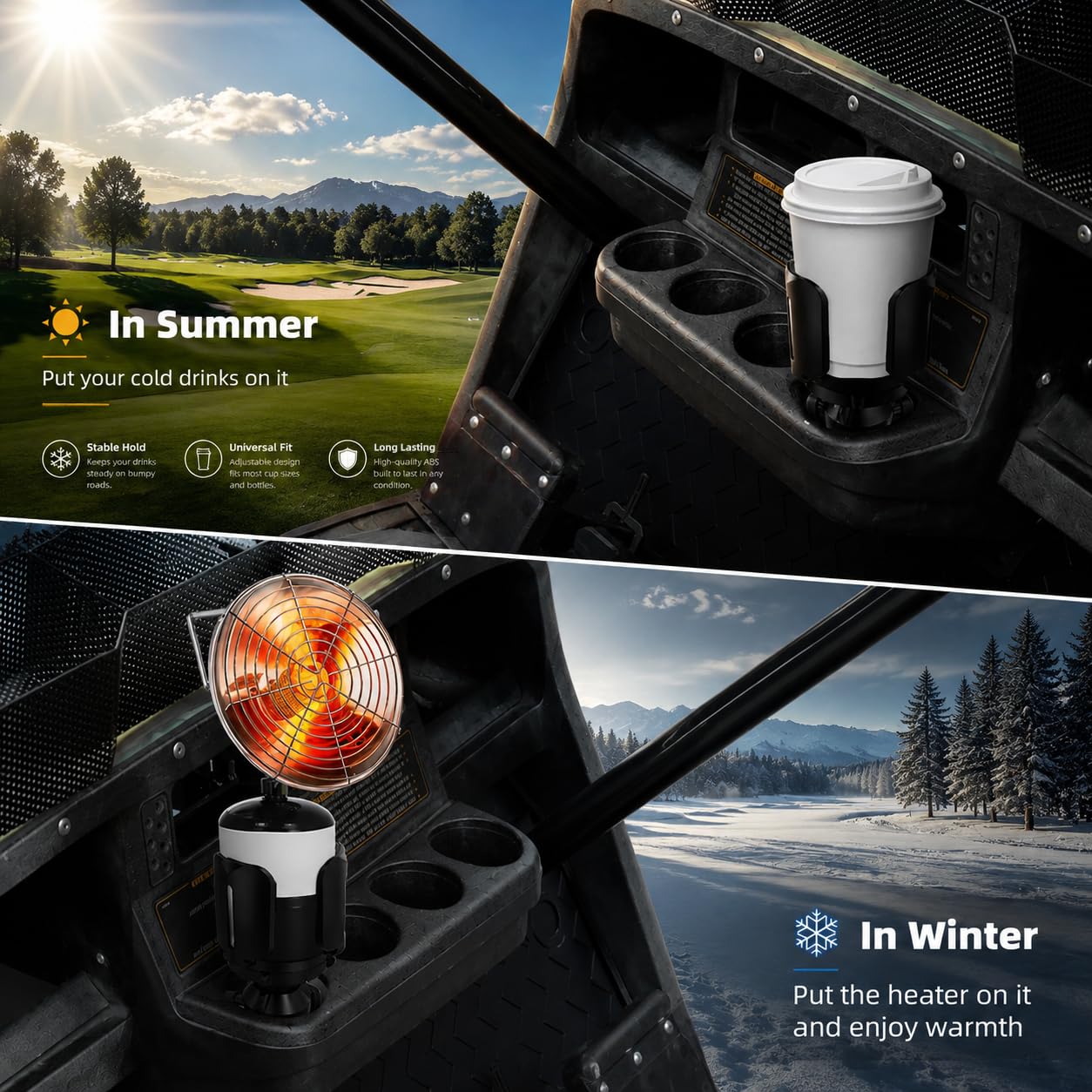 AIPSET Golf Cart Cup Holder for Summer Drinks, Propane Heater Holder for 1lb Tank & Water Bottle, Adjustable for All Drinks, Universal Compatible with EZGO Club Car Yamaha, Firmly & Easy to Use